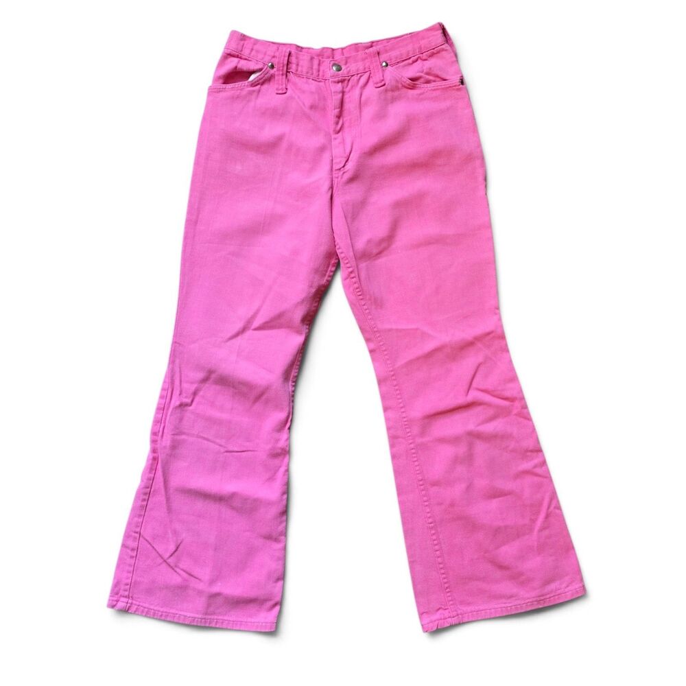 Vintage 70s Maverick Bright Hot Pink Bell Bottom Jeans Size 15/16 Barbiecore 28"